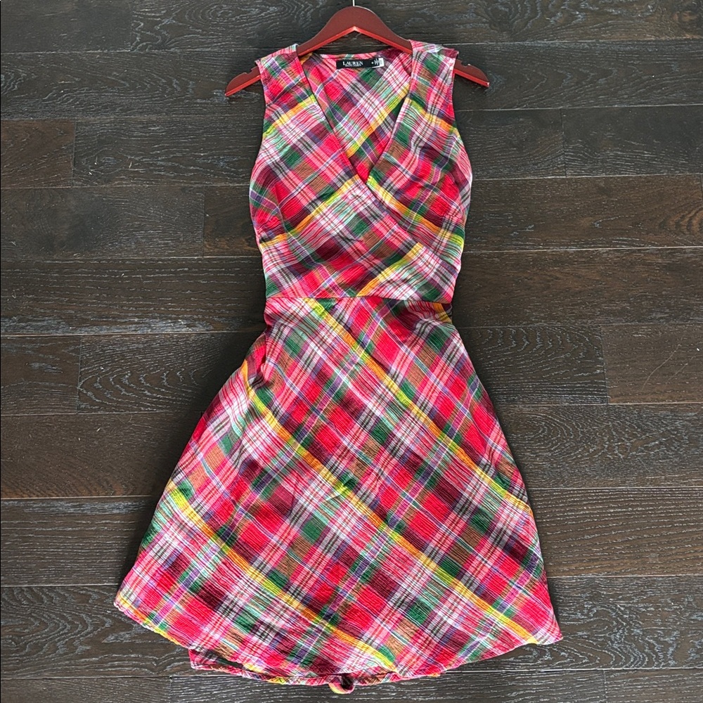 Red Plaid Ralph Lauren Faux Wrap Dress A Line Casual Dress sz 12